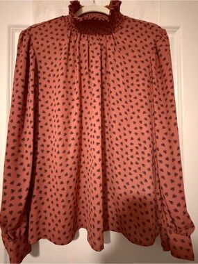Ann Taylor Dusty Rose Smocked Neck Long-Sleeve Blouse with Black Print